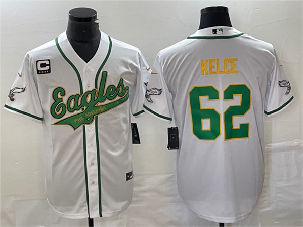 Men's Philadelphia Eagles #62 Jason Kelce White Gold With C Patch Cool Base Baseball Stitched Jersey